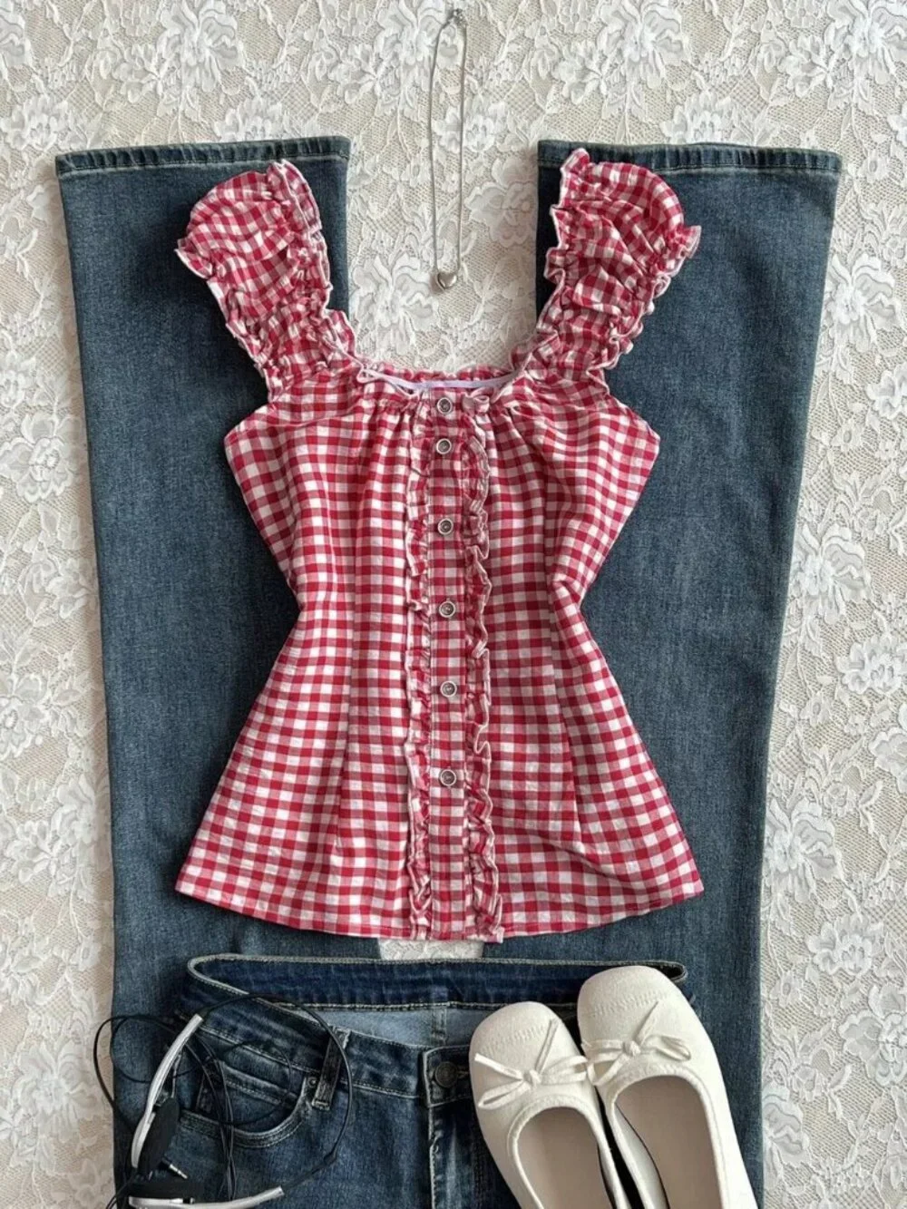 Frill Gingham Cap Sleeve Blouse